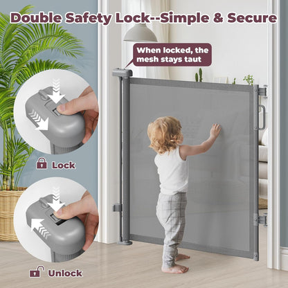 Retractable Baby Gate for Stairs & Doorways, Mesh Dog Gate Indoor Outdoor, Extends to 55" Wide 34" Tall Child Gate for Hallways, Deck, Porch, Pet Toddler Safety Essentials, Easy Install, Grey