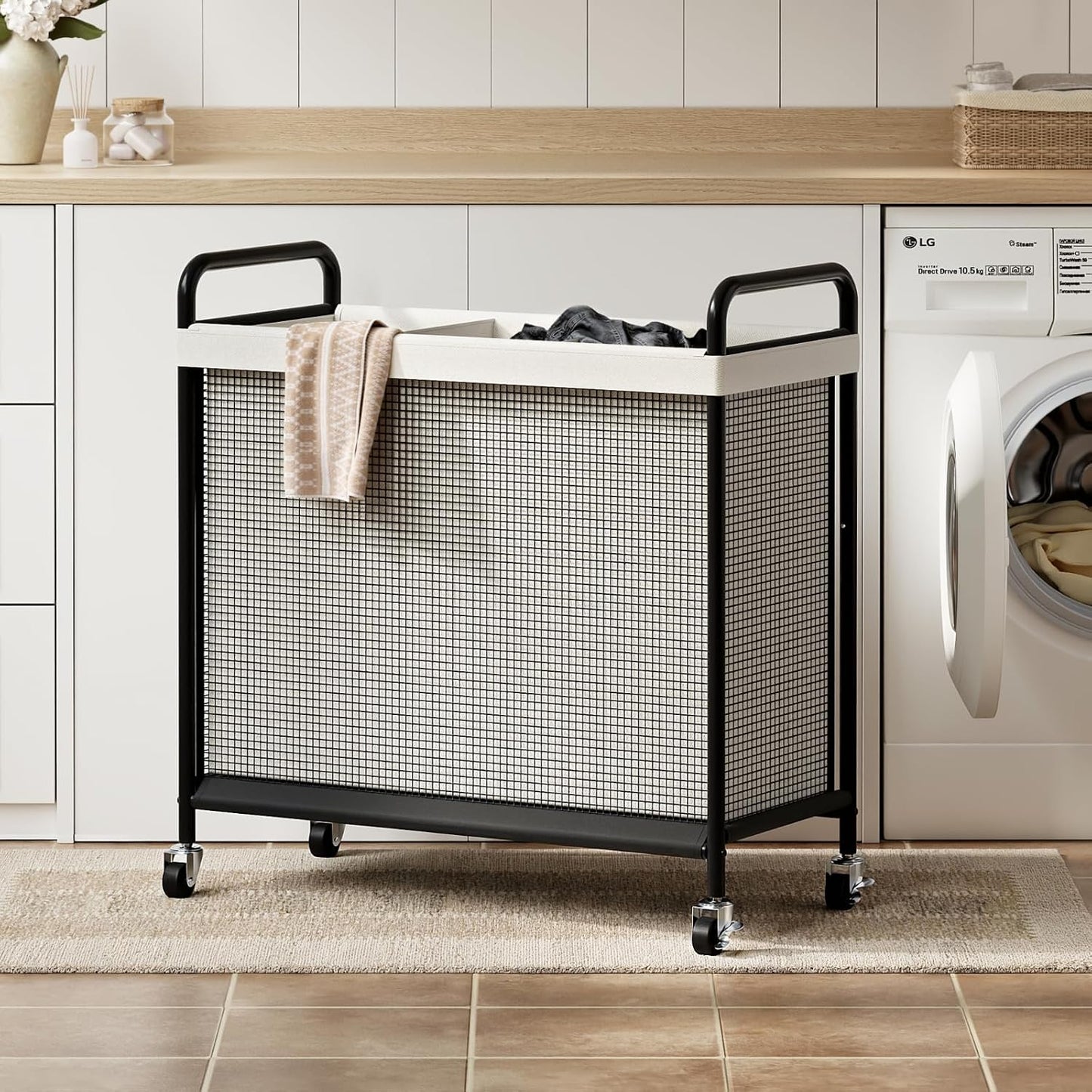 WOWLIVE Laundry Hamper 3 Section, 120L Rolling Laundry Basket with wheels and Removable Liner Bag, Laundry Sorter with Metal Handle, Large Clothes Hamper for Laundry Room, Bathroom and Dorm, Beige