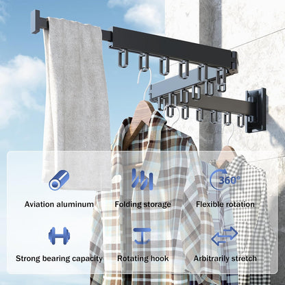 HEILAIYI Clothes Drying Rack for Laundry,Wall Mounted Clothes Hanger Rack,Folding,Retractable,Collapsible(J Shape Hooks)
