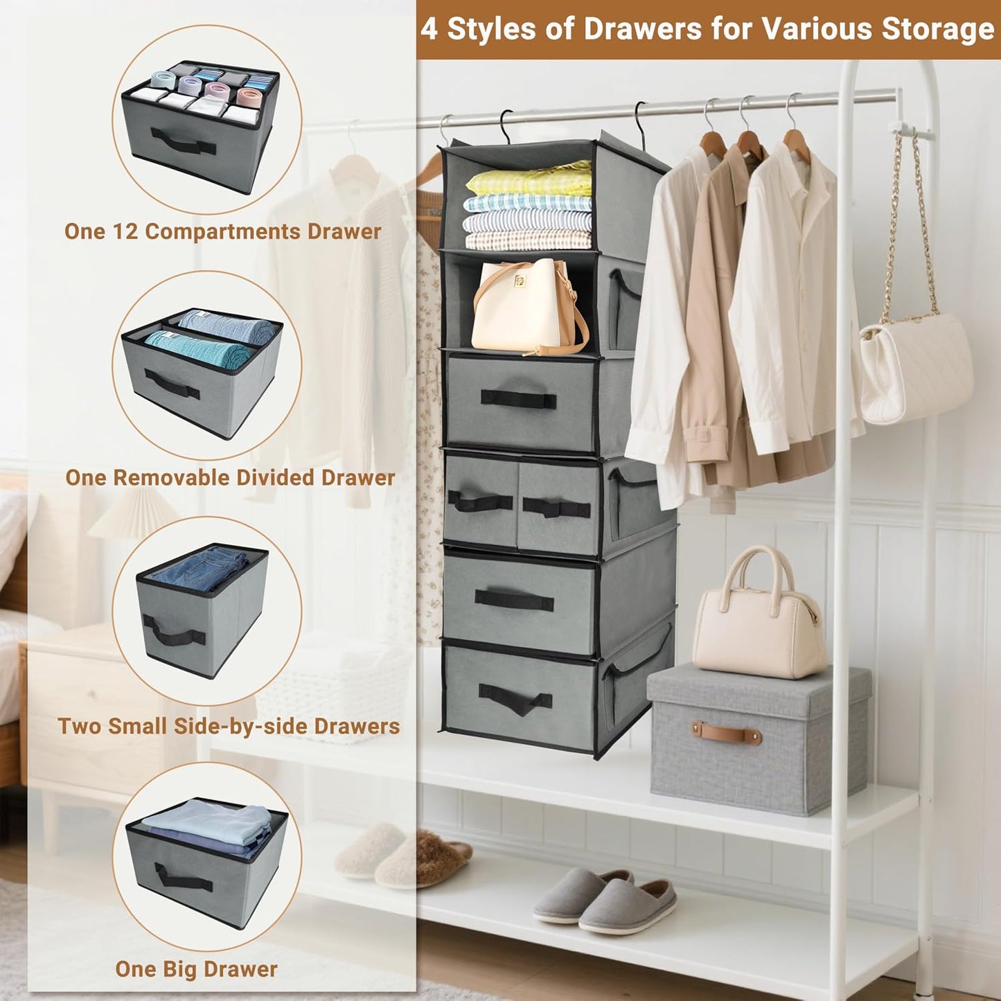 2-in-1 Durable 6-Tier Hanging Closet Organizer with 4 Removable Drawers,2 Separable 3-Tier Thickened Fabric Hanging Shelf Clothes Storage Organization Space-saving for Bedroom,Dorm,Guestroom,RV,Travel