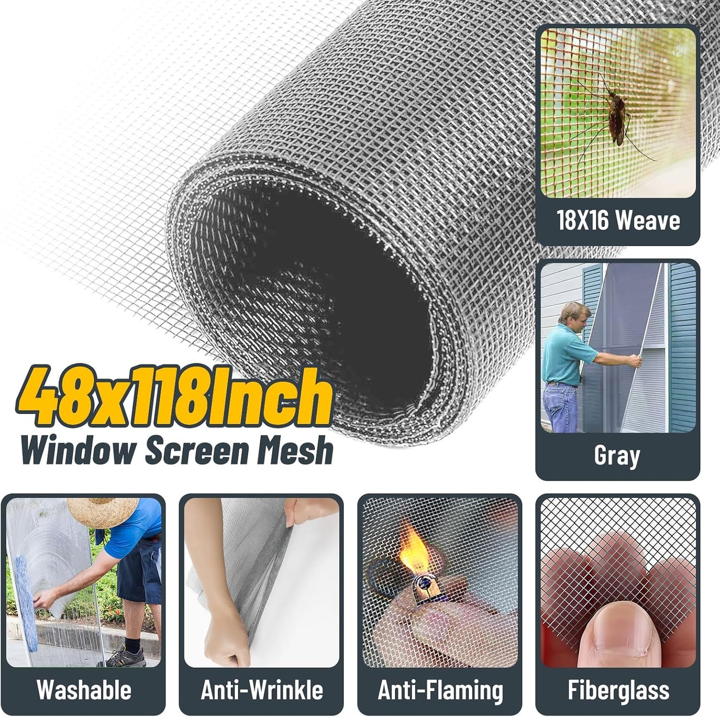 King&Charles Window Screen Door Repair/Replacement Kit, Includes Black Screen Mesh 48"x118"+ Versatile Screen Roller Tool+50Ft Spline+8Clips, Insect Screen, Pet Proof Window Mesh Kit