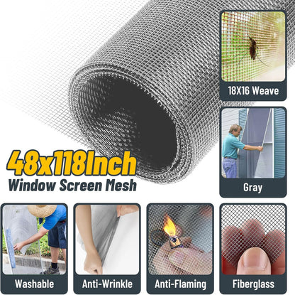 King&Charles Window Screen Door Repair/Replacement Kit, Includes Black Screen Mesh 48"x118"+ Versatile Screen Roller Tool+50Ft Spline+8Clips, Insect Screen, Pet Proof Window Mesh Kit