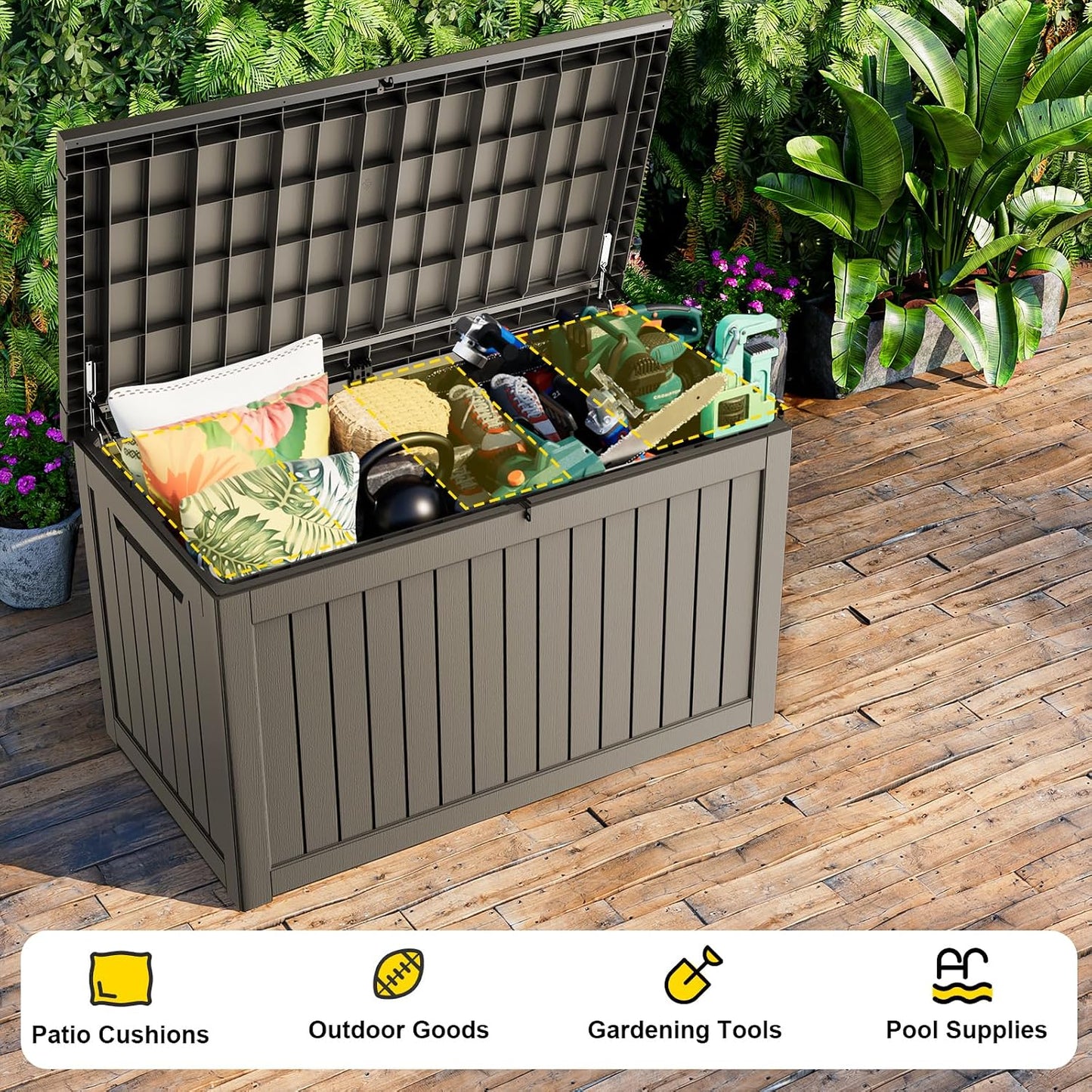 230 Gallon Large Outdoor Storage Box Waterproof, UV Resistant Resin Deck Box with Hydraulic Rod & Lockable Latch for Patio Furniture, Outside Storage Box for Garden Tools, Patio Cushions, Black