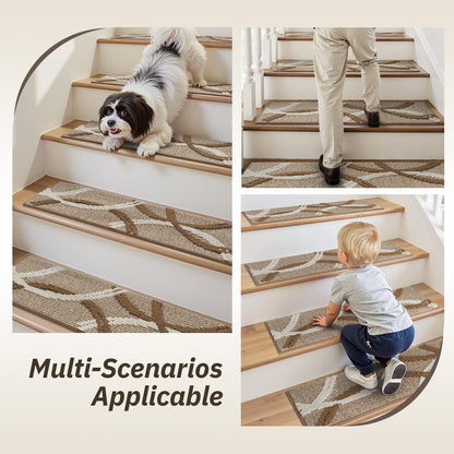 PADOOR Stair Treads Non Slip 15 PCS, 3D Peel and Stick Stair Treads for Wooden Steps Indoor, Residue-Free Adhesive Stair Runner for Kids, Elders & Pets, Washable Carpet for Stairs,8"x30",Brown