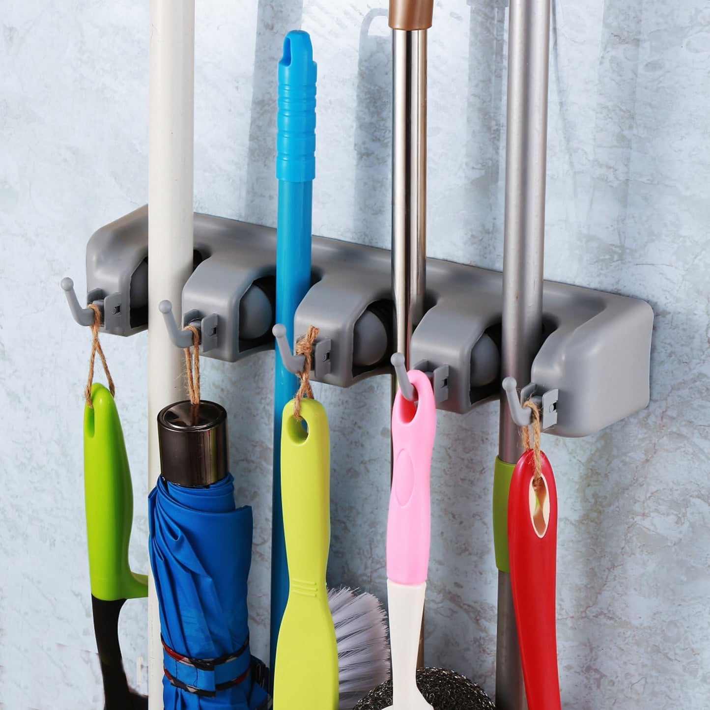 TOGU Mop and Broom Holder Wall Mounted 3 Position Storage Rack with 4 Retractable Hooks Holds up to 7 Tools Utility Weatherproof Holder for Garage Storage Systems Broom Organizer,Gray