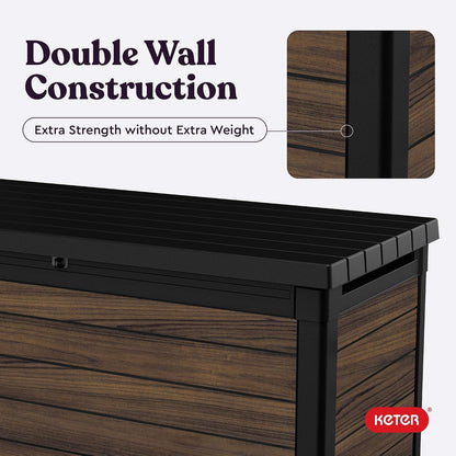 Keter Signature Everwood 30 Gallon Resin Outdoor Storage Box and Patio Furniture Side Table for Pool and Garden Accessories, Walnut