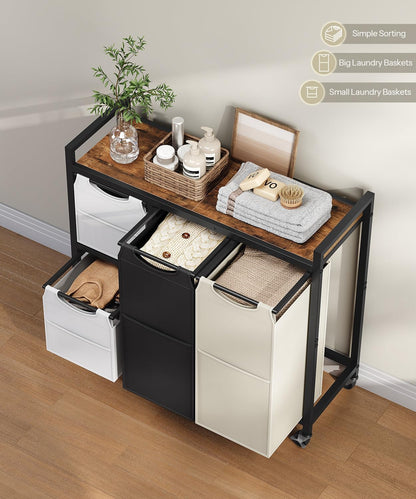 HOOBRO Laundry Sorter with 4 Section, 34 Gal. (127 L) Laundry Hamper with Wheels, Rolling Laundry Basket with Shelves, Pull-Out Detachable Bags, Side Pockets, White, Natural and Beige WNE14XY01N1