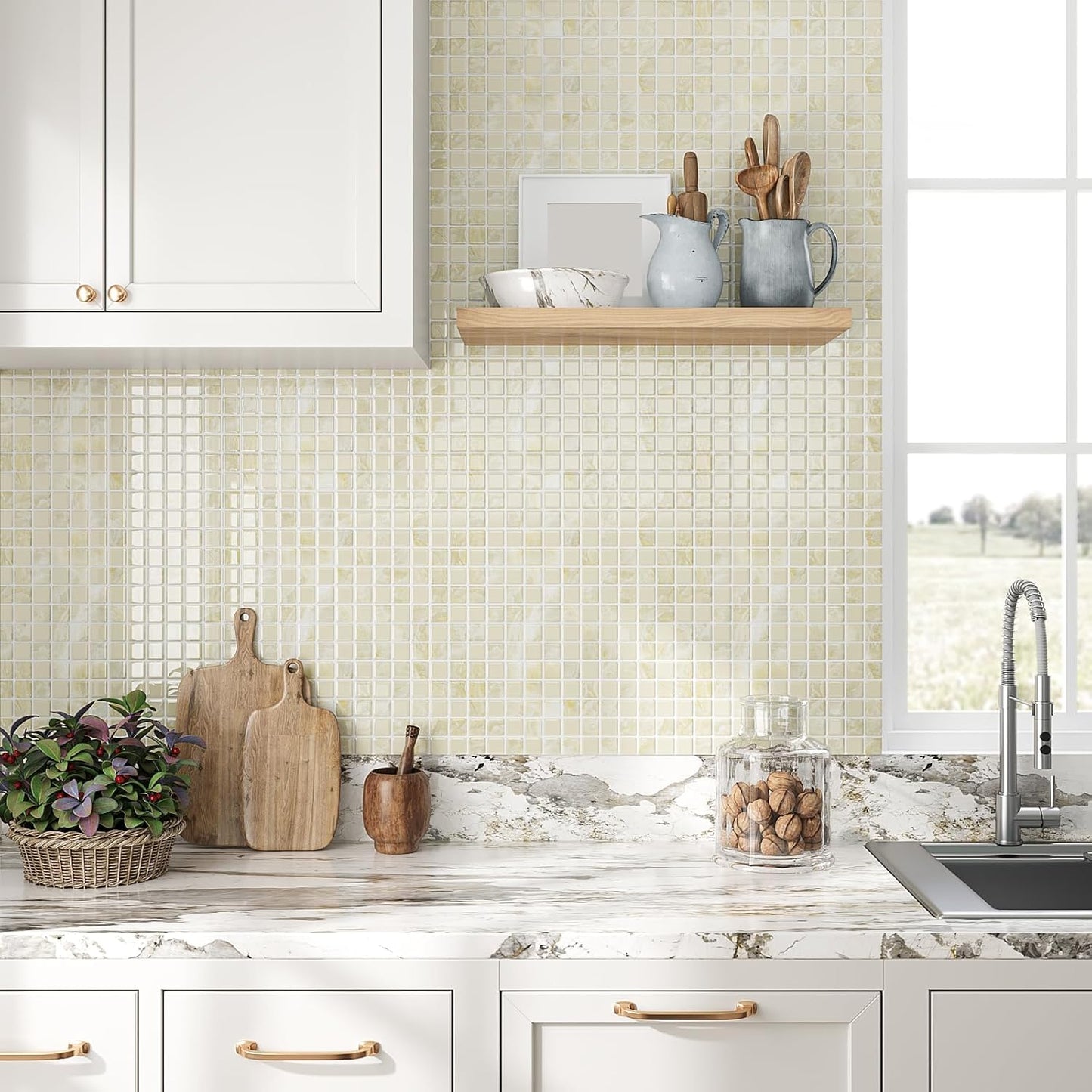 VEELIKE Cream Beige Mosaic Peel and Stick Backsplash for Kitchen Backsplash Tiles Peel and Stick Waterproof Wall Tile Stickers 12''x12'' 6 Sheet Removable Self Stick on Backsplash for Kitchen Bathroom