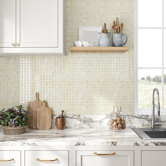 VEELIKE Cream Beige Mosaic Peel and Stick Backsplash for Kitchen Backsplash Tiles Peel and Stick Waterproof Wall Tile Stickers 12''x12'' 6 Sheet Removable Self Stick on Backsplash for Kitchen Bathroom