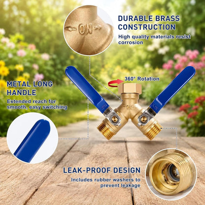 Brass Hose Splitter 2 Way, Heavy Duty Garden Hose Splitter with Shut Off Valves, Y Connector Hose Adapter, No Leak, Includes Washers & Teflon Tape – Dalmbox