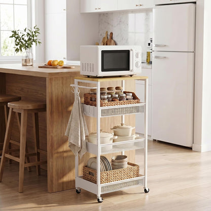 Vincona 7.1" Wide Slim Storage Cart on Wheels, 4 Tier Metal Narrow Rolling Cart with Handle and Wood Top, Multifunctional Small Mobile Shelf Unit Organizer Trolley for Laundry, Bathroom, Kitchen