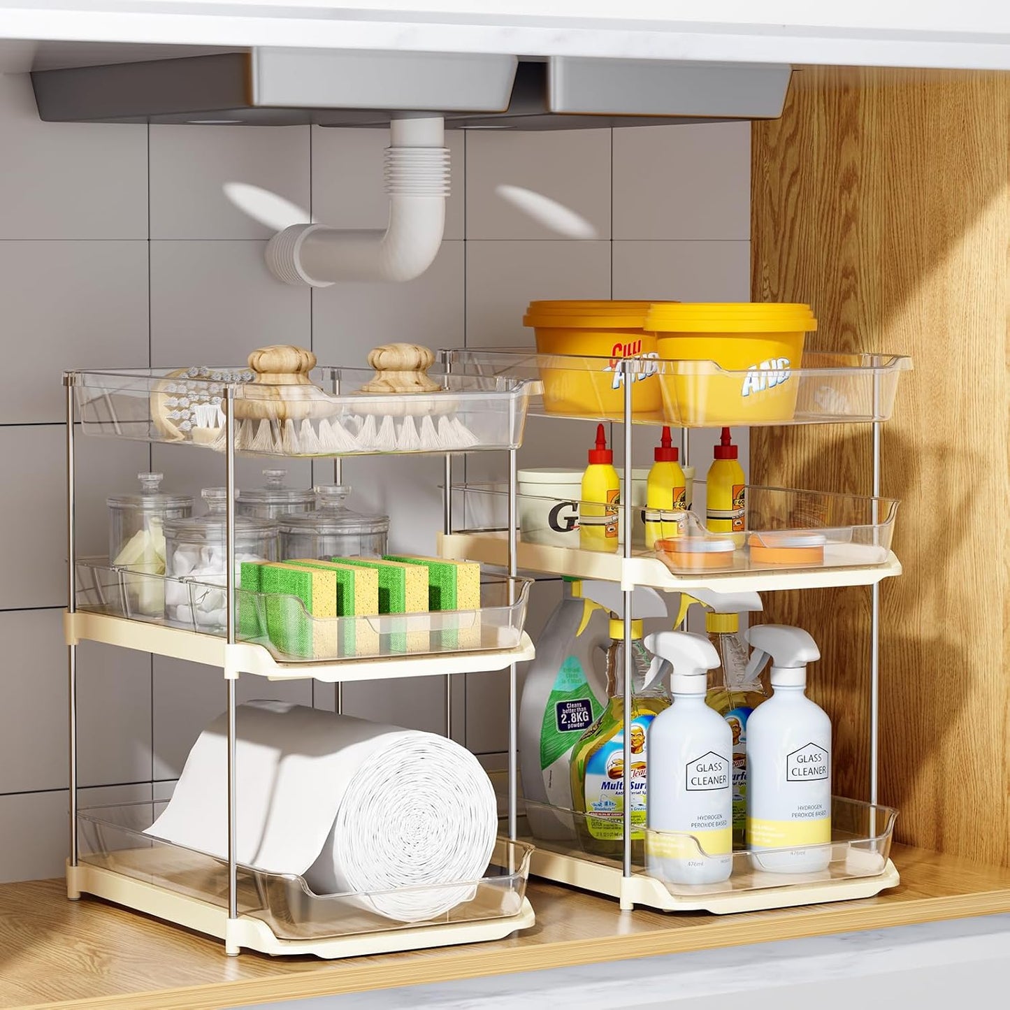 Delamu 2 Sets of 3-Tier Bathroom Under Sink Organizers and Storage, Multi-Purpose Stackable Pantry Organization and Storage, Pull Out Clear Kitchen Bathroom Cabinet Organizer with Movable Dividers | Storage