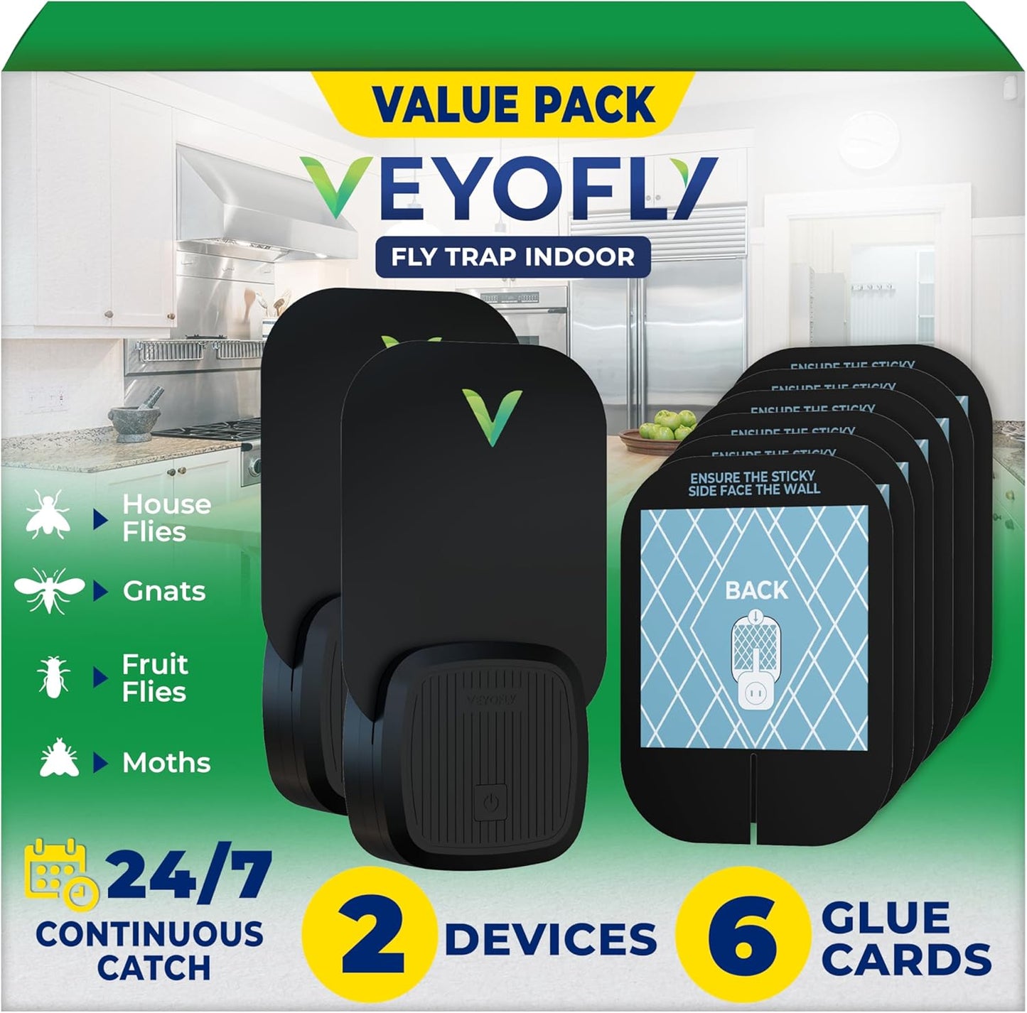 VEYOFLY Fruit Fly Traps for Indoors (2 Device + 4 Refills), Gnat Trap Indoor Plug in, Bug Traps, Flying Insect Trap, Gnat Traps for House Indoor, Fly Trap Indoor for Home Bug Light, Gnats Catcher