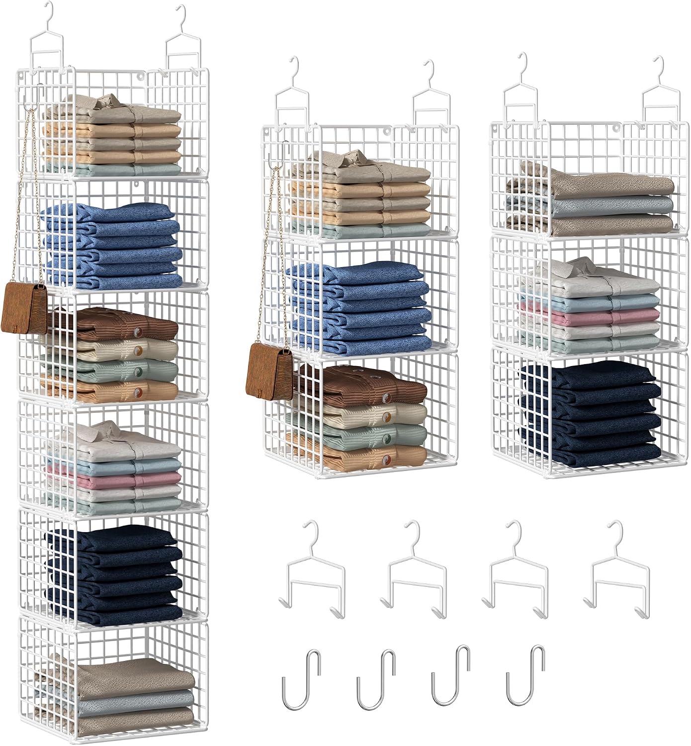 Hanging Closet Organizer, 4 Tier Metal Closet Organizers and Storage with 4 Hanging Hooks 4 S-Hooks for Wardrobe Laundry Room, Wire Storage Shelf for Clothes Sweaters Pants (White)