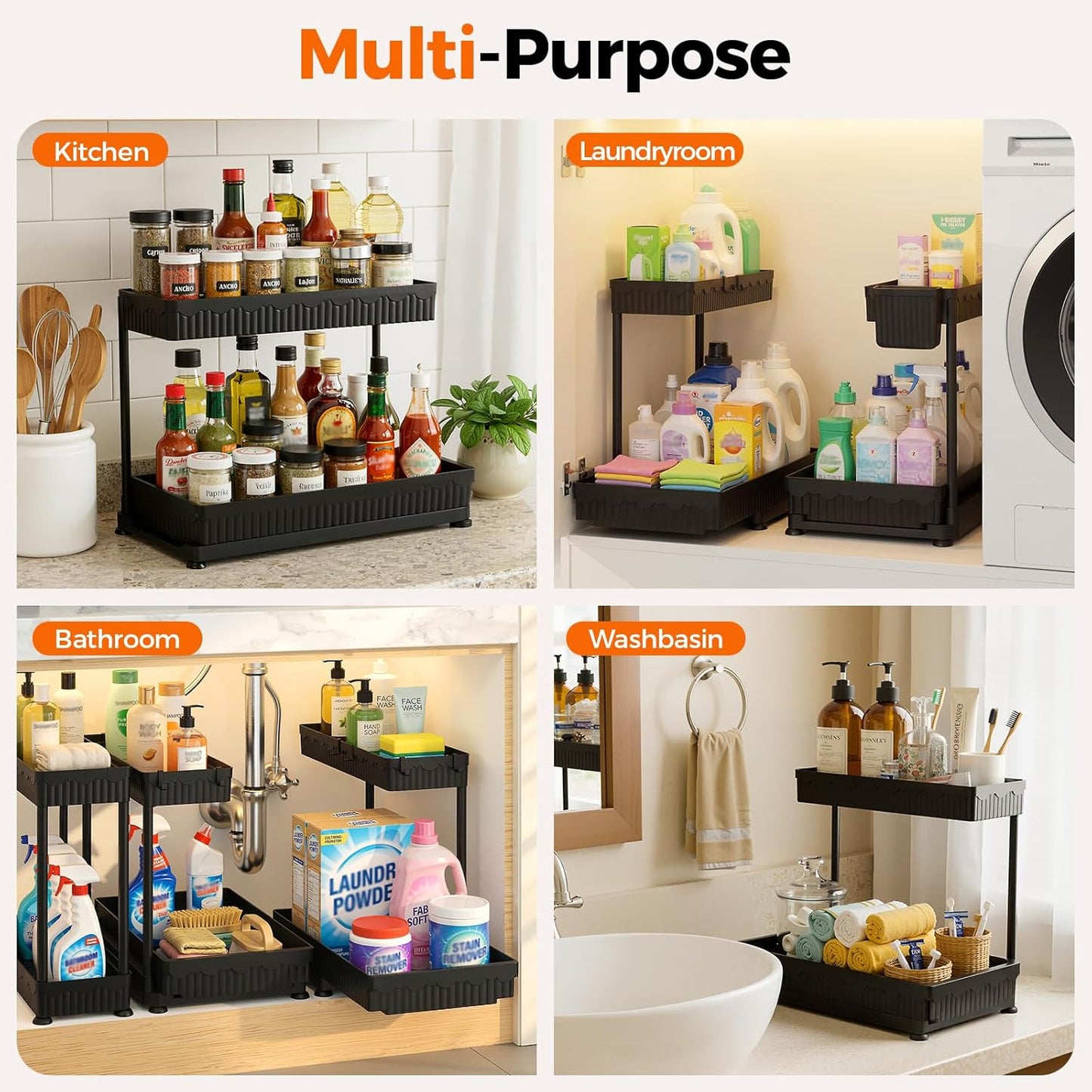 Sevenblue 3 Pack Multi-Purpose Pull-Out Storage Organizers, 2-Tier L-Shaped Under Sink/Cabinet Organizers and Storage for Bathroom & Kitchen, (Black, 12.85 Inches)