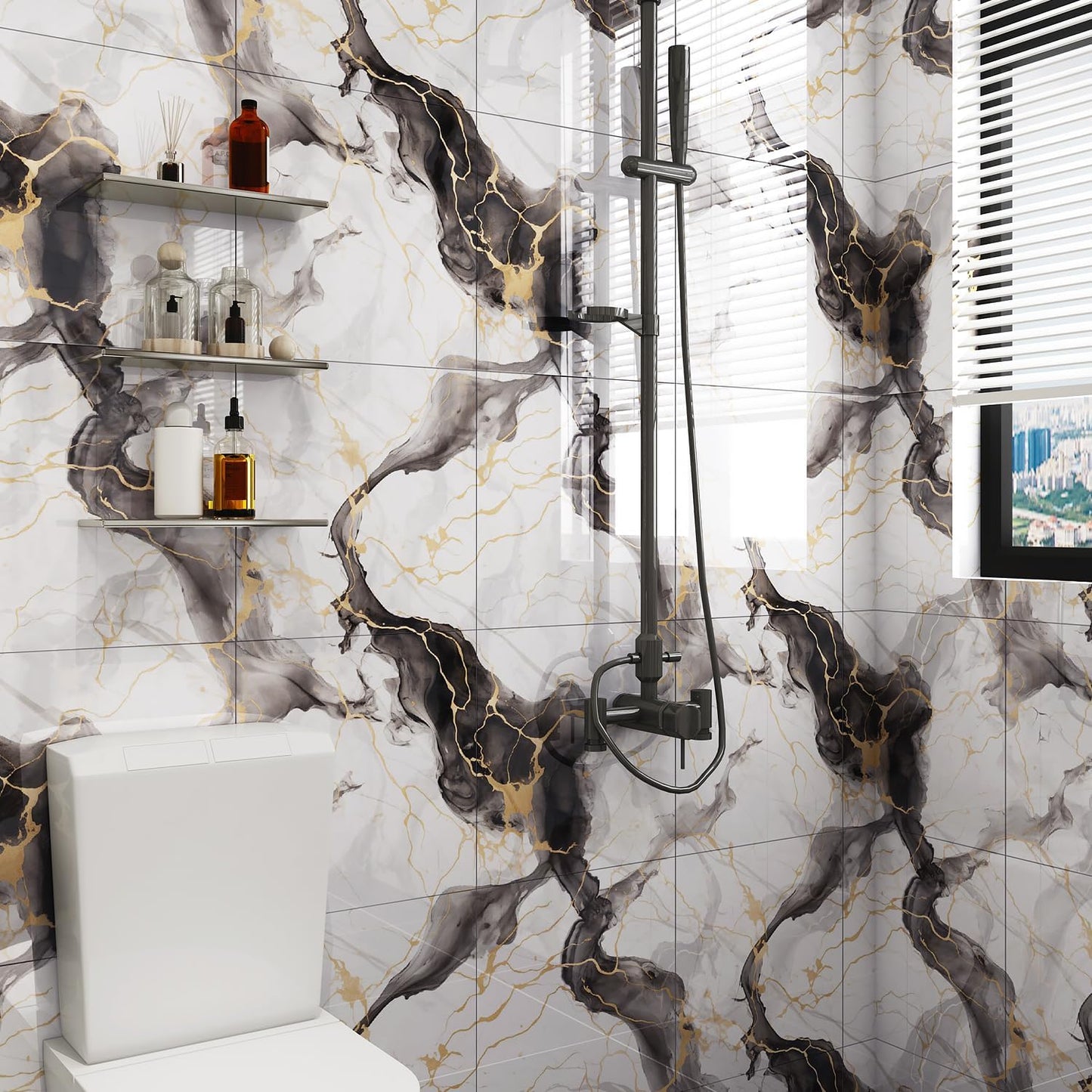 10pcs Peel and Stick Tile Shower Waterproof Marble Tiles Wall Panels, 11.8"x11.8" Self-Adhesive Backsplash Tile, PVC Wall Panels Shower Tiles for Home Bathroom, Kitchen, Living Room Blue