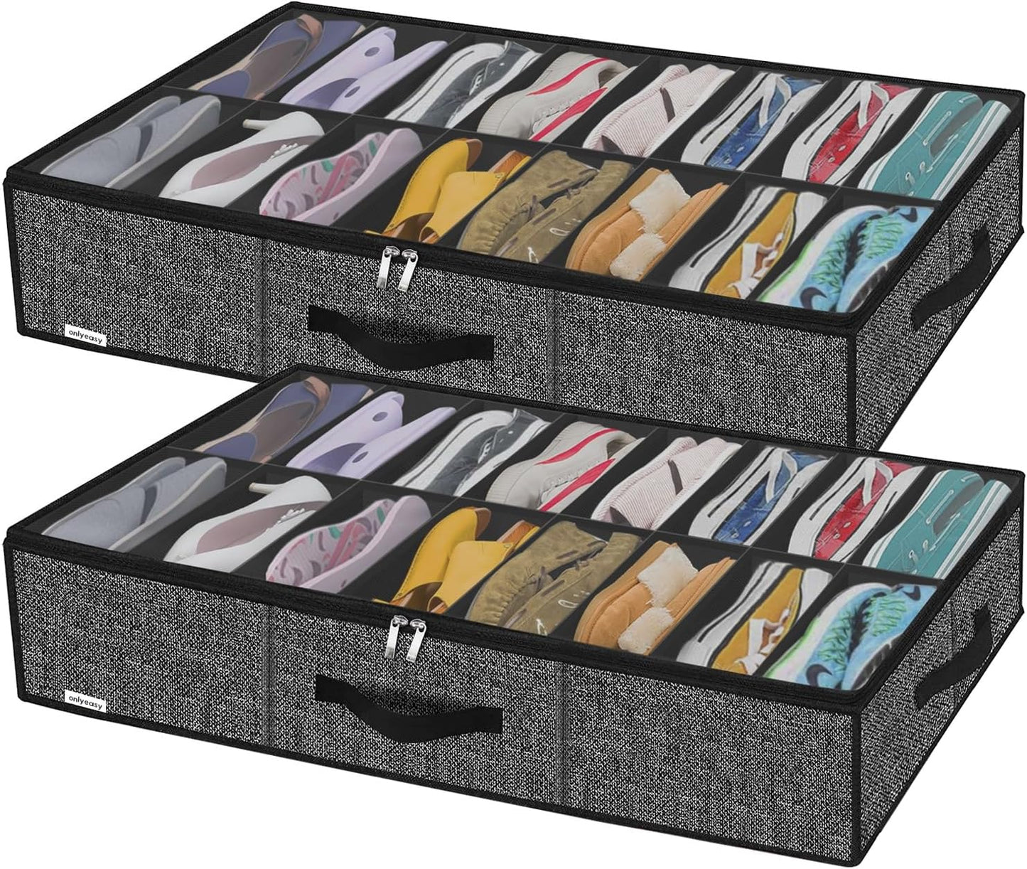 Onlyeasy Sturdy Under Bed Shoe Storage Organizer, Set of 2, Fit 12 to 24 Pairs, Underbed Shoes Closet Storage Solution with Clear Window, Breathable, L29.3 x W23.6 x H5.9, Linen-like Black, MXAUBSB2P