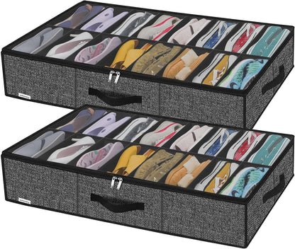 Onlyeasy Sturdy Under Bed Shoe Storage Organizer, Set of 2, Fit 12 to 24 Pairs, Underbed Shoes Closet Storage Solution with Clear Window, Breathable, L29.3 x W23.6 x H5.9, Linen-like Black, MXAUBSB2P