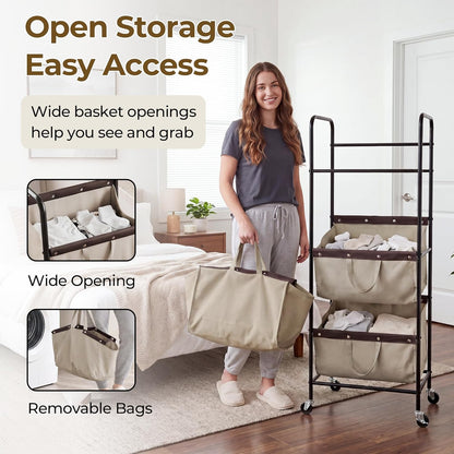 GRANNY SAYS 3 Section Tiered Laundry Sorter, Slim Vertical Laundry Hamper with Wheels, Narrow Rolling Laundry Cart with Removable Bags for Laundry Room, Bathroom, Closet, Dorm, Beige
