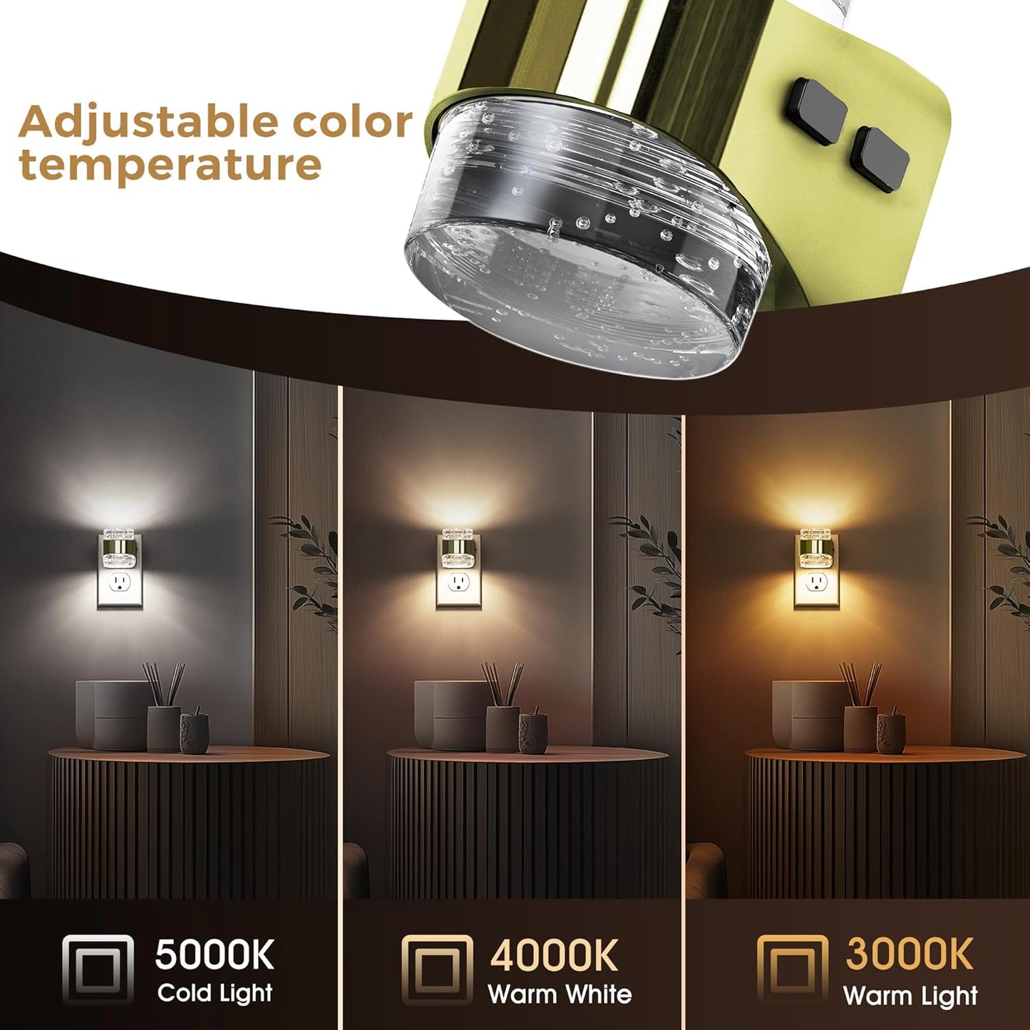 L LOHAS LED Night Light, Bubble Night Lights Plug into Wall,2 Pack 3000K/4000k/5000K Adjustable Color Temperature Night Light,Dimmable Nightlights with Dusk to Dawn Sensor for Rooms Bathroom Hallway