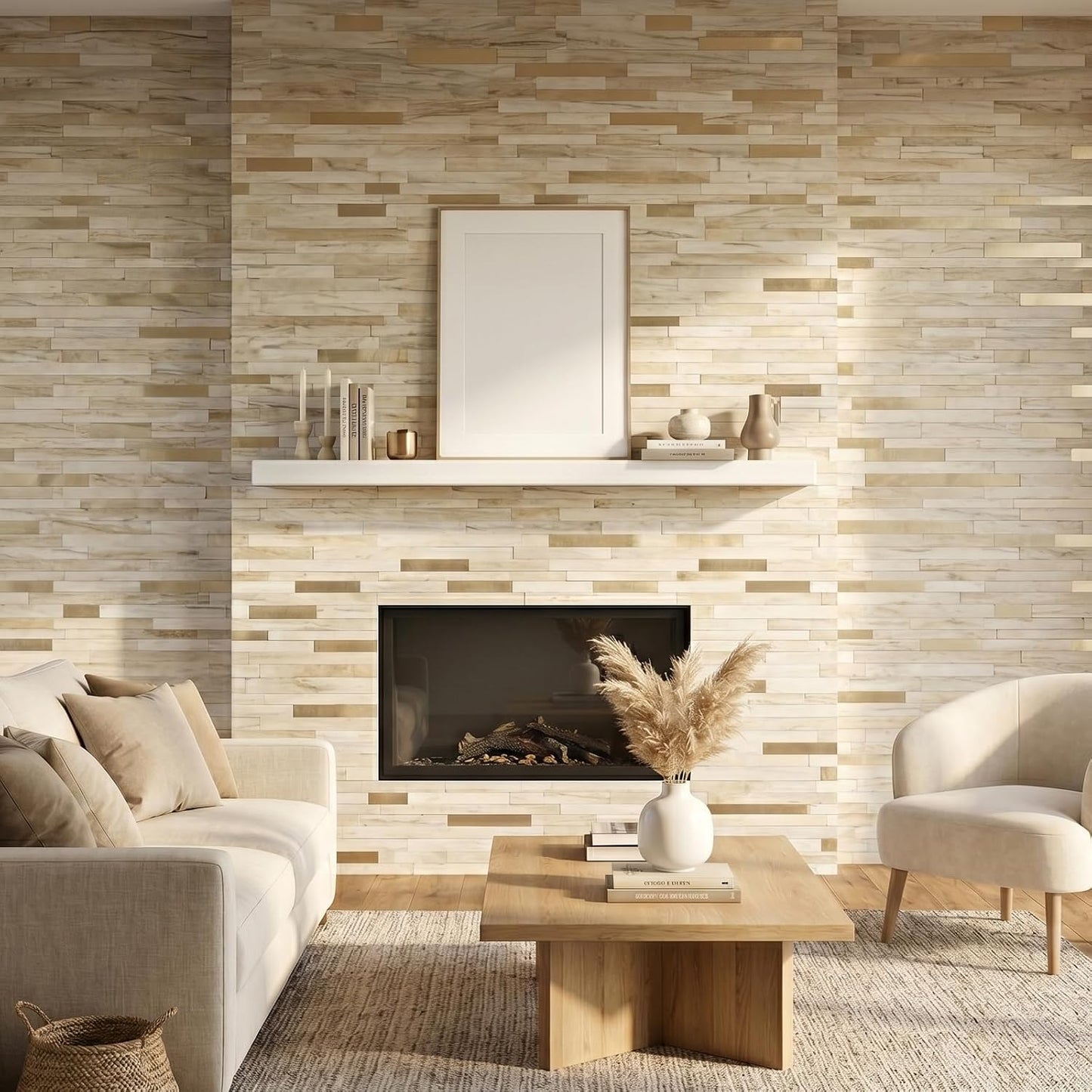 Yipscazo 2026 New Upgrade 11.34" X 11.57" Peel and Stick Backsplash, Stick on Backsplash Tiles for Kitchen, Bathroom, Fireplace (10 Sheets, Beige Rocks + Rose Gold)