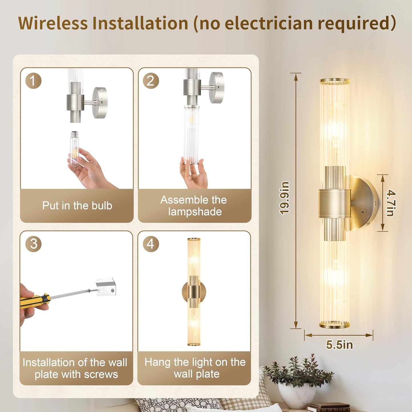 Morauroral Gold Battery Operated Wall Sconces Set of Two, Rechargeable Wall Sconce with Dimmable Remote Control, 20 Inch Wireless Sconce Wall Light for Bedroom, Living Room (Bulbs Included)
