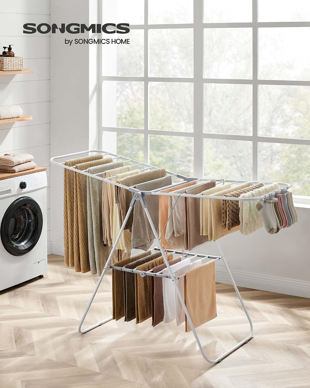 SONGMICS Clothes Drying Rack, with Sock Clips, Metal Laundry Rack, Foldable, Space-Saving, Free-Standing Airer, with 2 Height-Adjustable Gullwings, Indoor Outdoor Use, Gray ULLR052G01