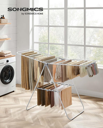 SONGMICS Clothes Drying Rack, with Sock Clips, Metal Laundry Rack, Foldable, Space-Saving, Free-Standing Airer, with 2 Height-Adjustable Gullwings, Indoor Outdoor Use, Gray ULLR052G01
