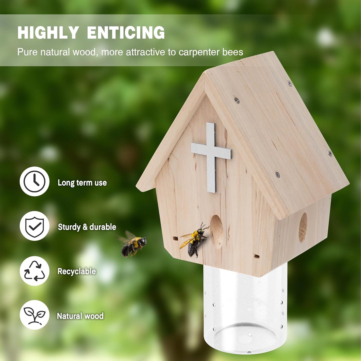 Carpenter Bee Trap for Outside - Church Style Nature Hanging Wood Carpenter Bee Traps Outdoor - Insect Traps with Removable Vault(1 Pack)