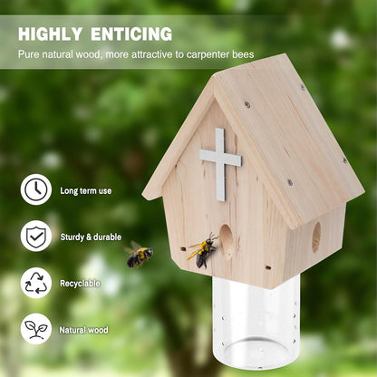 Carpenter Bee Trap for Outside - Church Style Nature Hanging Wood Carpenter Bee Traps Outdoor - Insect Traps with Removable Vault(1 Pack)