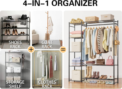 Wardrobe Closet,Portable Clothes Rack with 4 Tiers Shelves,Freestanding Closet Organizers and Storage System with Hanging Rods,Steel Clothing Rack Suitable for Cloakrooms,Bedrooms,Entrances,etc.Black