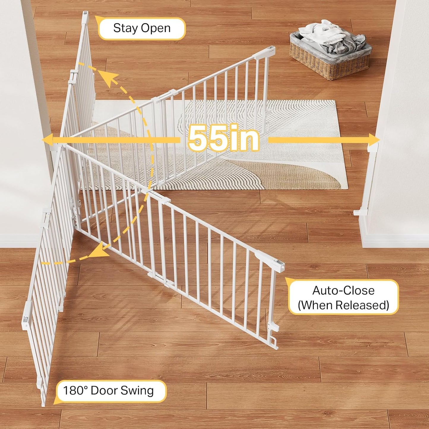 Cumbor 29.2–43" Baby Gate for Stairs, Hardware Mounted (Drill Required), Expandable No Bottom Bar Dog Gate, Auto Close Extra Wide Walk Thru, Pet & Toddler Proof Gate, Top & Bottom of Stairways (White)