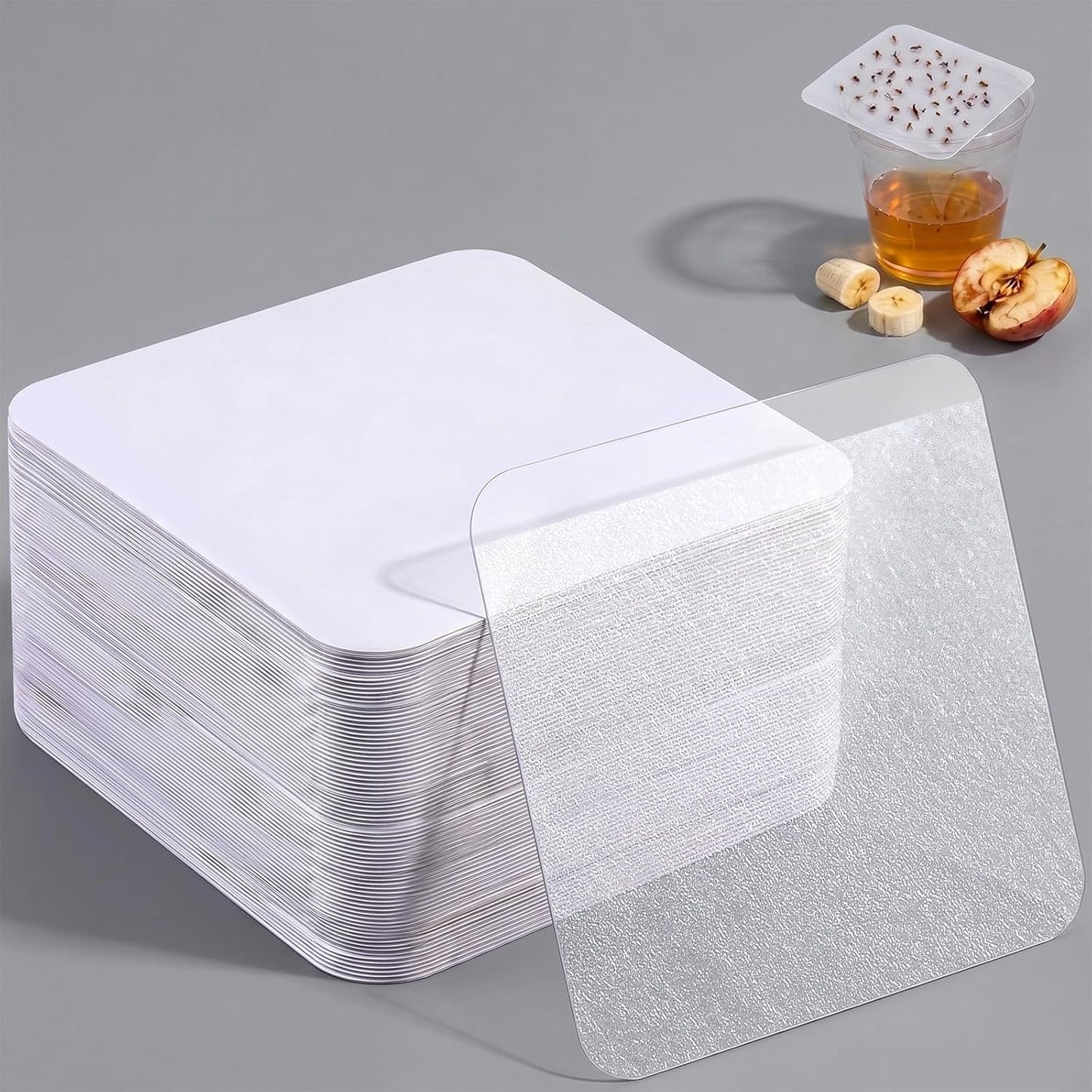50 Pack Fruit Fly Trap Covers for Cup, Double-Sided Adhesive Cards for Fruit Flies & Gnats, Easy DIY Vinegar Trap for Kitchen Sink, Countertop & Dessert Bowl, Safe, Mess-Free, Indoor Use