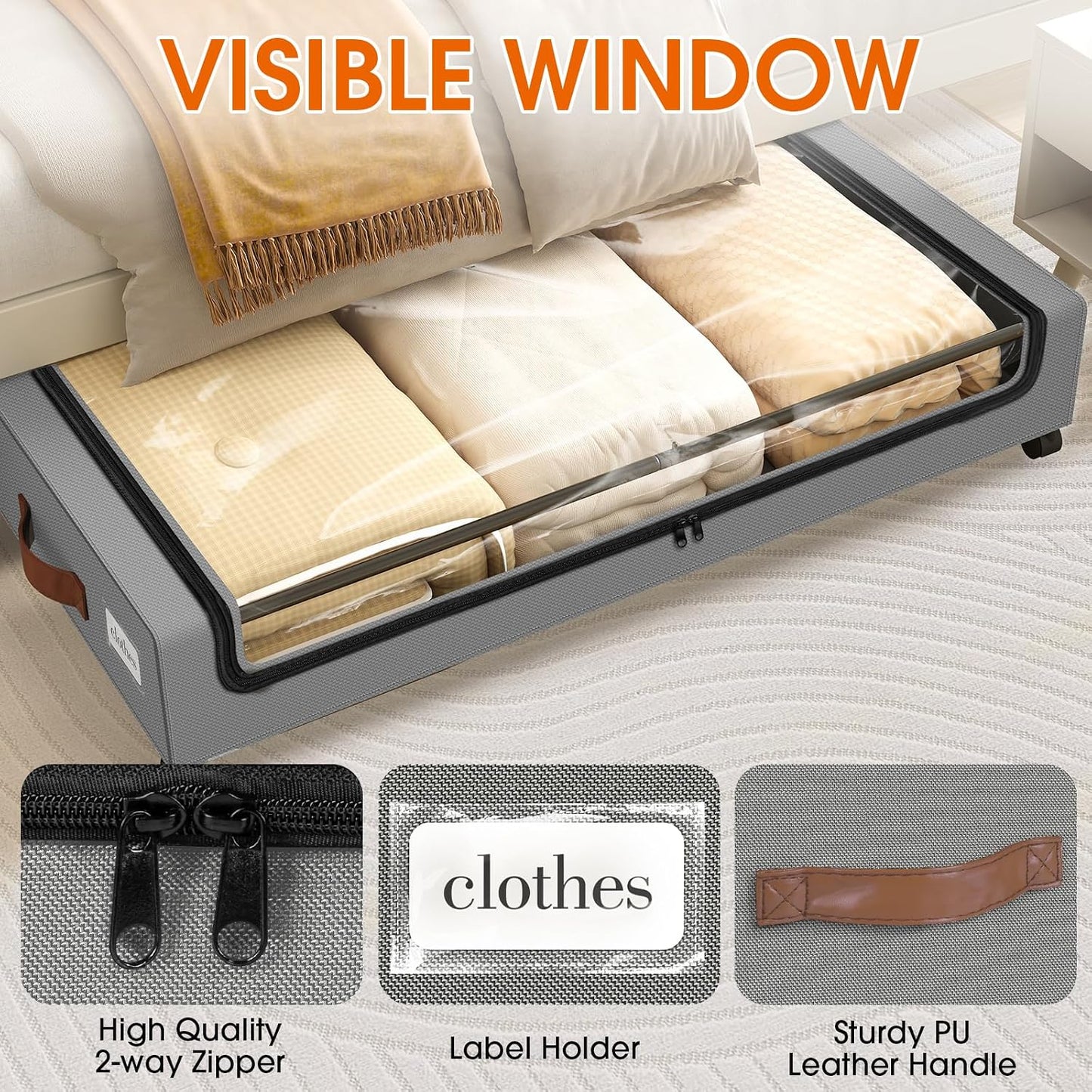 SpaceHacks Under Bed Storage with Wheels 2Pack Storage Containers with Clear Window&Label Under Bed Drawers Rolling Under Bed Storage for Clothes,Shoes, Blankets (30.71 x 16.93 x 6.69 in, Dark Grey)