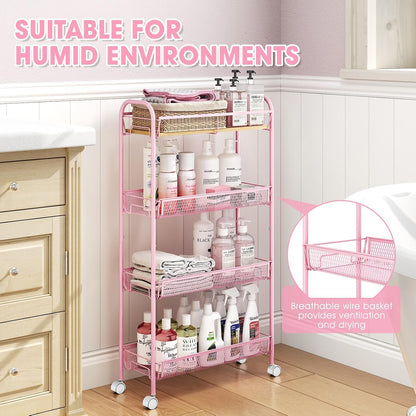 TOOLF 4-Tier Slim Rolling Cart, Metal Utility Cart, Slide Out Storage Cart with Wooden Tabletop and Mesh Baskets for Narrow Space on Kitchen Bathroom Laundry Room Bedroom Apartments Dormitory