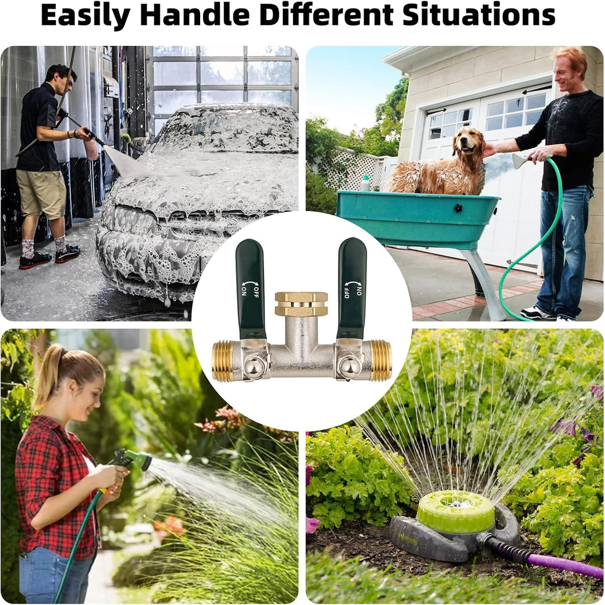 Hose Splitter 2 Way, Brass High Flow Garden Hose Splitter Heavy Duty, Hose Connector, Water Spigot Splitter, Full Flow Faucet Splitters with shutoff, 3/4” GHT Inlet