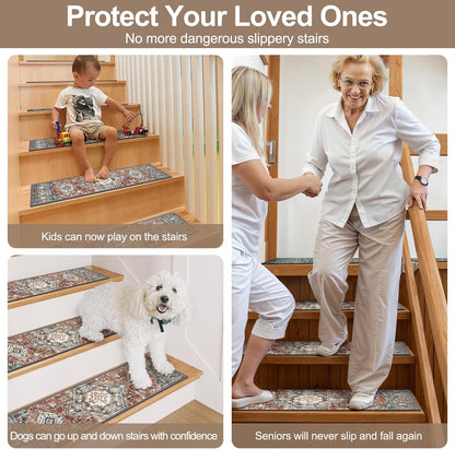 OJIA Stair Treads Non Slip for Wooden Steps Indoor 15PCS Carpet Stair Treads, Rubber Backing Stair Carpet Treads, Residue Free 8"x30" Staircase Step Treads Edging Stair Rugs for Kids & Pets, Gray