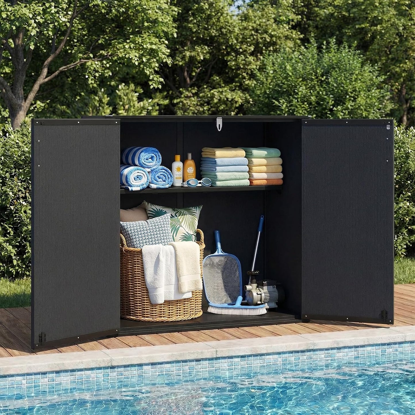 Tangkula 23.5 Cu.ft Outdoor Storage Shed, All-Weather Resin Patio Storage Box with Floor, Lockable Door & Removable Shelf, Waterproof Deck Box for Garden Tools