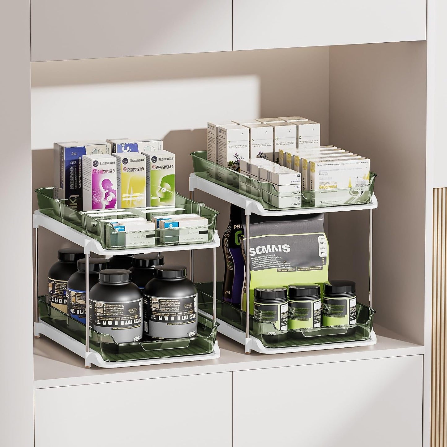 Delamu 2-Tier Multi-Purpose Bathroom Under Sink Organizers and Storage, Stackable Kitchen Pantry Organization, Pull Out Medicine Cabinet Organizer with Movable Dividers, White, 2 Pack