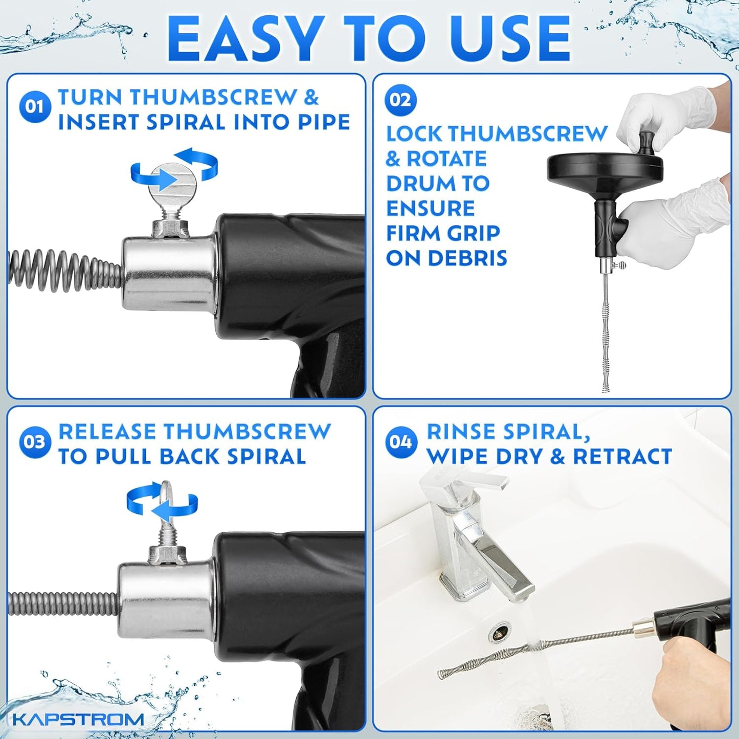 Plumbing Drain Snake (Spiral Diameter 0.5 inch / 1.3 cm), Hair Clog Remover Tool for Toilet, Heavy-Duty Drain Auger for Kitchen & Bathroom Sink, Pipe & Sewer Cleaner for Shower & Bathtub
