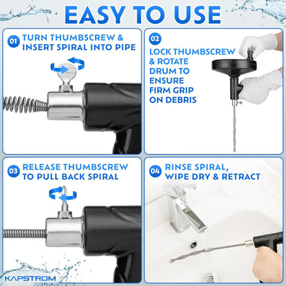 Plumbing Drain Snake (Spiral Diameter 0.5 inch / 1.3 cm), Hair Clog Remover Tool for Toilet, Heavy-Duty Drain Auger for Kitchen & Bathroom Sink, Pipe & Sewer Cleaner for Shower & Bathtub