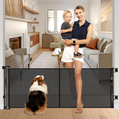 Reinforced 28-Inch Tall Retractable Baby Gates for Doorways, Walk Through Pet Gate for Stairs, Short Baby Gate with Support Rods, 55 Inch Wide Mesh Gate Retractable Gate Small Dog Gate, Gray