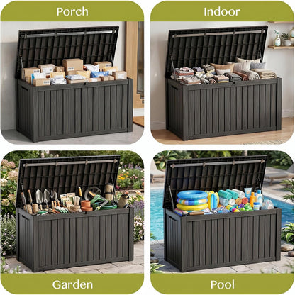 Waterproof Outdoor Storage Box Outside Deck Box Lockable Resin Bench UV Resistant Furniture Cushion Pool Tool Float Bin Patio Garden Porch (Black, 120 Gallon)