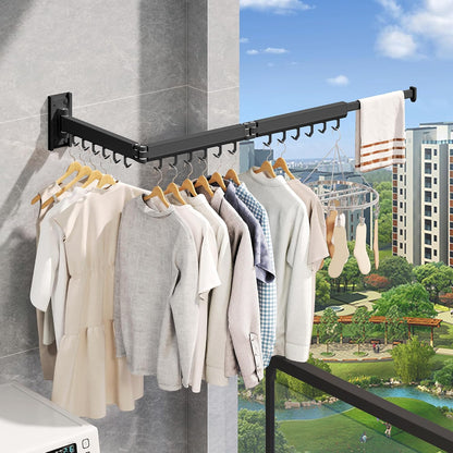 Wall Mounted Tri-Fold Clothes Drying Rack, Heavy Duty Collapsible Laundry Drying Rack, Space-Saving Retractable Foldable Drying Rack Clothes for Laundry Room Balcony Bathroom,Black-Hooks