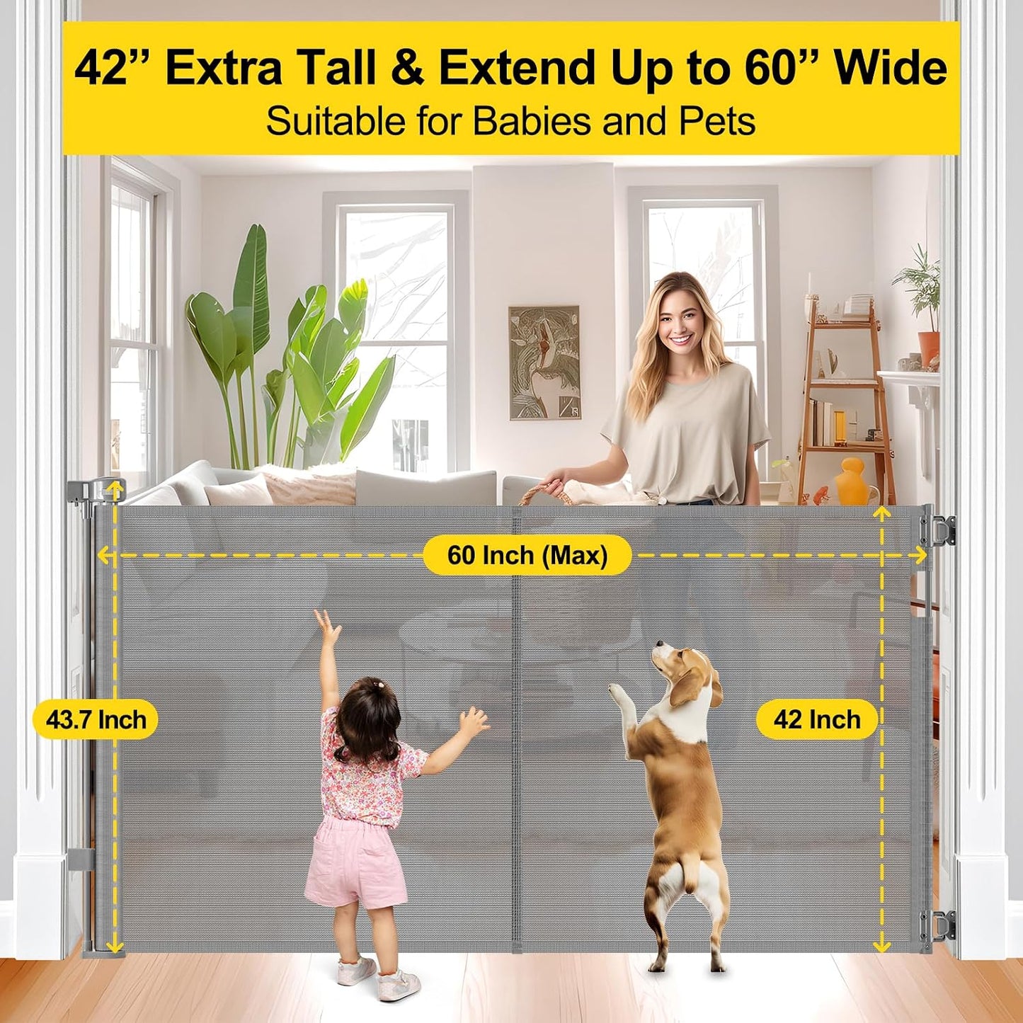 Reinforced 42” Extra Tall Retractable Baby Gates with Rods, Extends up to 60” Wide, Tall Retractable Dog Gate for Doorways Prevent Crawling Through Mesh Pet Gate Indoor Outdoor, Black