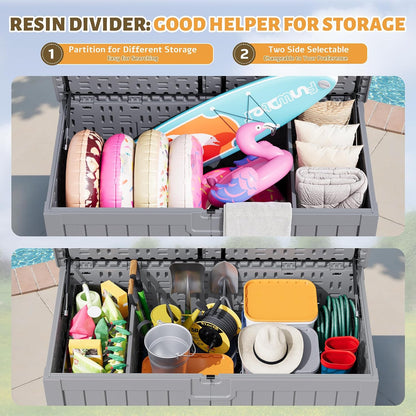 Flamaker Resin Deck Box 120 Gallon Waterproof Large Outdoor Indoor Storage Box Imitation Wood Resin for Patio Furniture Garden Tools and Pool (Black)