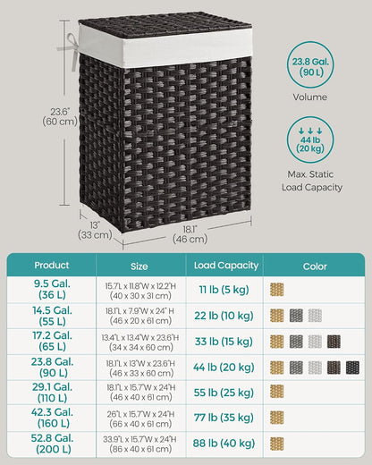 SONGMICS Laundry Hamper with Lid, 23.8 Gallon (90 L) Synthetic Rattan Clothes Laundry Basket with Lid and Handles, Foldable, Removable Liner, Chestnut Brown ULCB051K02