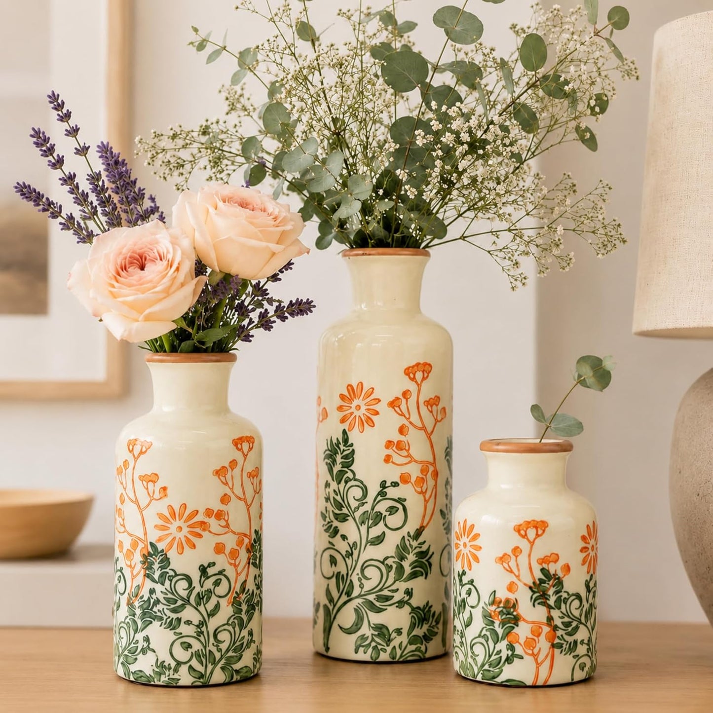 TBWIND Ceramic Vases Set of 3, Neutral Pottery Rustic Farmhouse Flower Vase | Small Decorative Flower Vases Modern Home Decor for Table Mantel Entryway Bookshelf Living Room Kitchen Bedroom