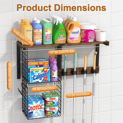 Housolution Broom Holder Wall Mount with Cleaning Supplies Organizer, 100 LBS High Load-Bearing Laundry Room Storage Shelves, Multifunctional Mop Hanger Rack with 2 Baskets, 4 Grippers & Hooks