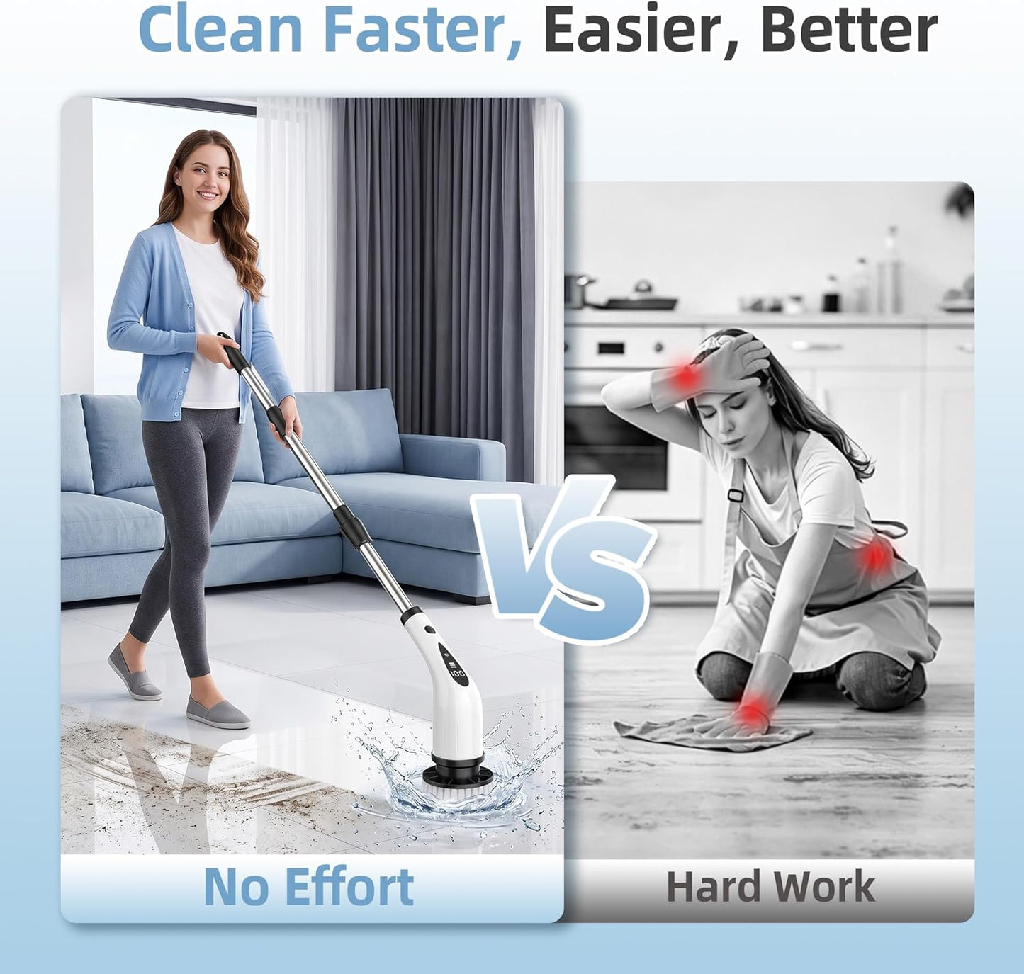 Electric Spin Scrubber, 3-Speed Flat End Brush with 8 Brush Heads & Base, Adjustable Long Handle, Digital Display, 2500mAh Fast Charging, for Bathroom, Tub, Tile, Floor（White